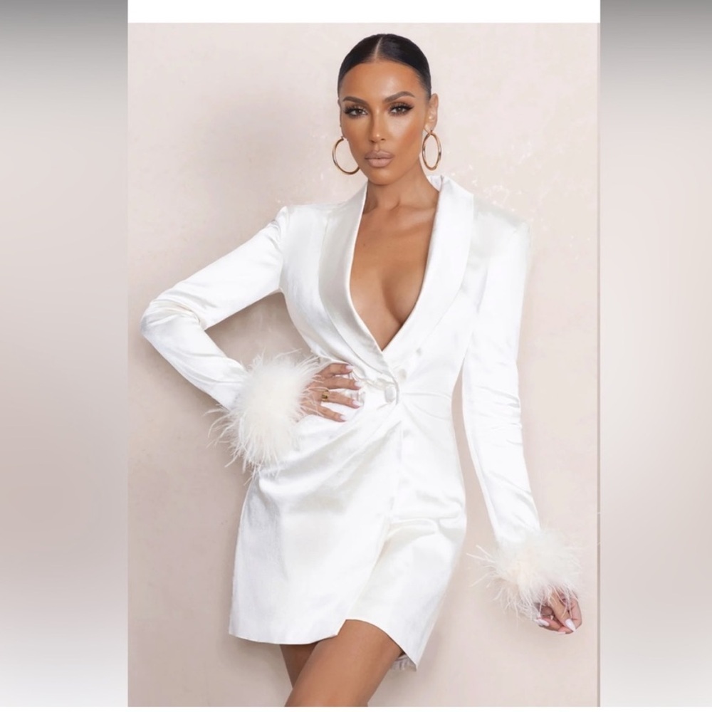 Club L London White Satin Blazer Dress with Feather Cuffs